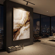 "Dark Amber Gold Rift Relief" - Modern Heavy Impasto Abstract Artwork | White & Brown Palette Knife Painting | Luxury Vertical Wall Art #Q 131