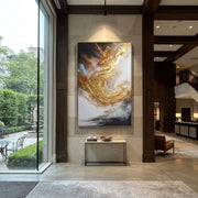 "Midnight Gold Surge Relief" - Modern Heavy Impasto Abstract Artwork | Black & Gold Palette Knife Painting | Luxury Vertical Wall Art #Q 132