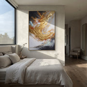 "Midnight Gold Surge Relief" - Modern Heavy Impasto Abstract Artwork | Black & Gold Palette Knife Painting | Luxury Vertical Wall Art #Q 132