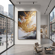 "Midnight Gold Surge Relief" - Modern Heavy Impasto Abstract Artwork | Black & Gold Palette Knife Painting | Luxury Vertical Wall Art #Q 132