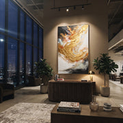 "Midnight Gold Surge Relief" - Modern Heavy Impasto Abstract Artwork | Black & Gold Palette Knife Painting | Luxury Vertical Wall Art #Q 132