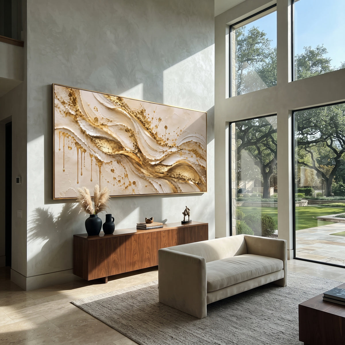 Gold Splatter River Relief focuses on wide white field with a raised gold river, scattered splatter drops, and vertical drips, keeping the composition specific to this single abstract textured artwork rather than using a generic batch description. The visible surface is built around white, gold, beige, with pale plaster passages, metallic highlights, softened neutral transitions, and raised edges that guide the eye across the picture plane. The main movement is easy to read from the image