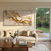 "Gold Splatter River Relief" - Modern Heavy Impasto Landscape Artwork | White & Gold Palette Knife Painting | Luxury Horizontal Wall Art #Q 133
