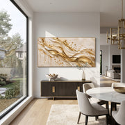 "Gold Splatter River Relief" - Modern Heavy Impasto Landscape Artwork | White & Gold Palette Knife Painting | Luxury Horizontal Wall Art #Q 133