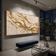 "Gold Splatter River Relief" - Modern Heavy Impasto Landscape Artwork | White & Gold Palette Knife Painting | Luxury Horizontal Wall Art #Q 133