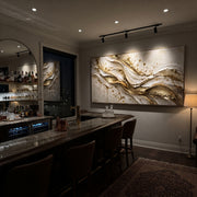"Gold Splatter River Relief" - Modern Heavy Impasto Landscape Artwork | White & Gold Palette Knife Painting | Luxury Horizontal Wall Art #Q 133