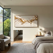 "Champagne Splash Line Relief" - Modern Heavy Impasto Ocean Wave Seascape | White & Gold Palette Knife Painting | Luxury Horizontal Wall Art #Q 134