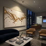 "Champagne Splash Line Relief" - Modern Heavy Impasto Ocean Wave Seascape | White & Gold Palette Knife Painting | Luxury Horizontal Wall Art #Q 134