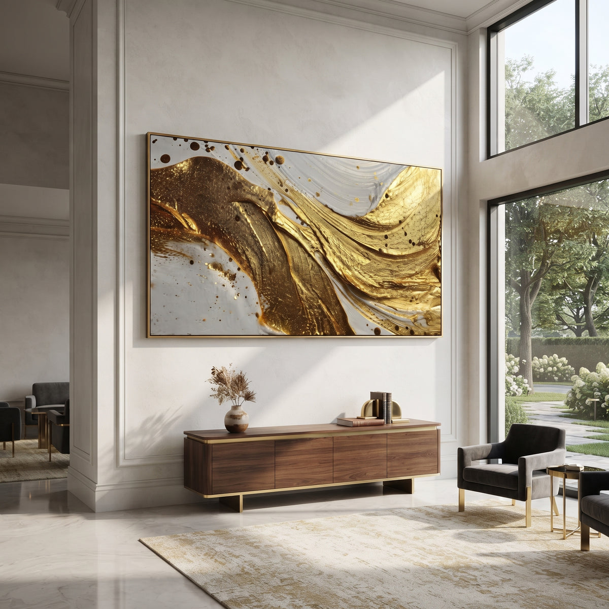 Heavy Gold Stream Relief focuses on wide heavy metallic gold stream over grey and white ground with bold dark lower contrast, keeping the composition specific to this single abstract textured artwork rather than using a generic batch description. The visible surface is built around gold, grey, black, with pale plaster passages, metallic highlights, softened neutral transitions, and raised edges that guide the eye across the picture plane. The main movement is easy to read from the image itself