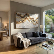"Grey Stone Gold Fault Relief" - Modern Heavy Impasto Geometric Abstract | Grey & Gold Palette Knife Painting | Luxury Horizontal Wall Art #Q 136