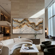 "Grey Stone Gold Fault Relief" - Modern Heavy Impasto Geometric Abstract | Grey & Gold Palette Knife Painting | Luxury Horizontal Wall Art #Q 136