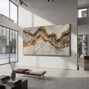 "Grey Stone Gold Fault Relief" - Modern Heavy Impasto Geometric Abstract | Grey & Gold Palette Knife Painting | Luxury Horizontal Wall Art #Q 136