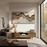 "Grey Stone Gold Fault Relief" - Modern Heavy Impasto Geometric Abstract | Grey & Gold Palette Knife Painting | Luxury Horizontal Wall Art #Q 136