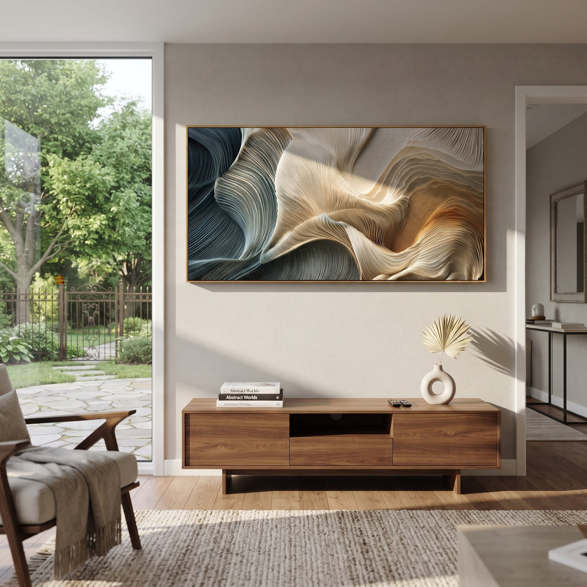 "Curved Ribbon Current Relief" - Modern Heavy Impasto Topographic Abstract | White & Beige Palette Knife Painting | Luxury Horizontal Wall Art #Q 137