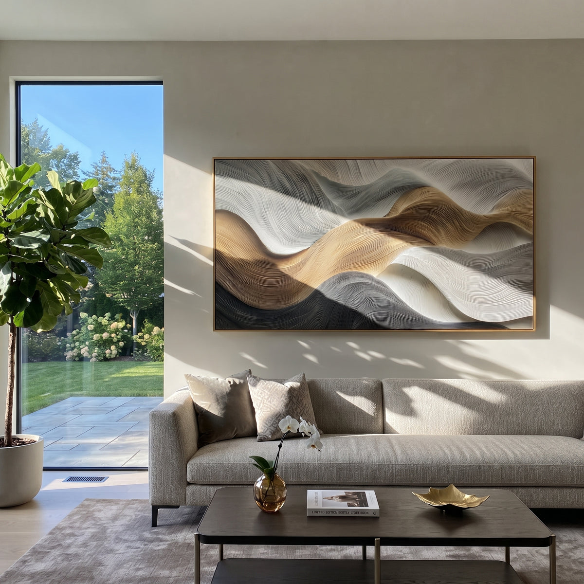 Tactile Plaster Fold Relief focuses on white, beige, grey raised plaster waves with folded contour bands, soft dune-like ridges, and quiet negative space across the panoramic composition, keeping the product description tied to the visible artwork rather than a generic texture category. The composition is built from layered ridges, carved plaster edges, curved bands, granular breaks, and raised channels that move across the canvas with a clear directional rhythm. Pale passages, darker accents