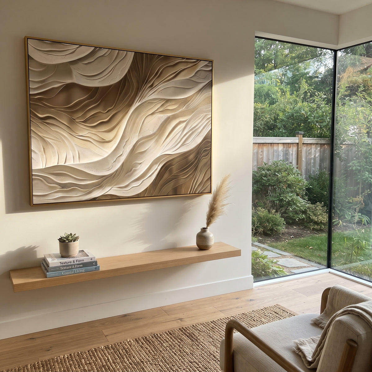 Ribboned Sand Ripple Relief focuses on beige, white, grey raised plaster waves with folded contour bands, soft dune-like ridges, and quiet negative space across the horizontal composition, keeping the product description tied to the visible artwork rather than a generic texture category. The composition is built from layered ridges, carved plaster edges, curved bands, granular breaks, and raised channels that move across the canvas with a clear directional rhythm. Pale passages, darker accents