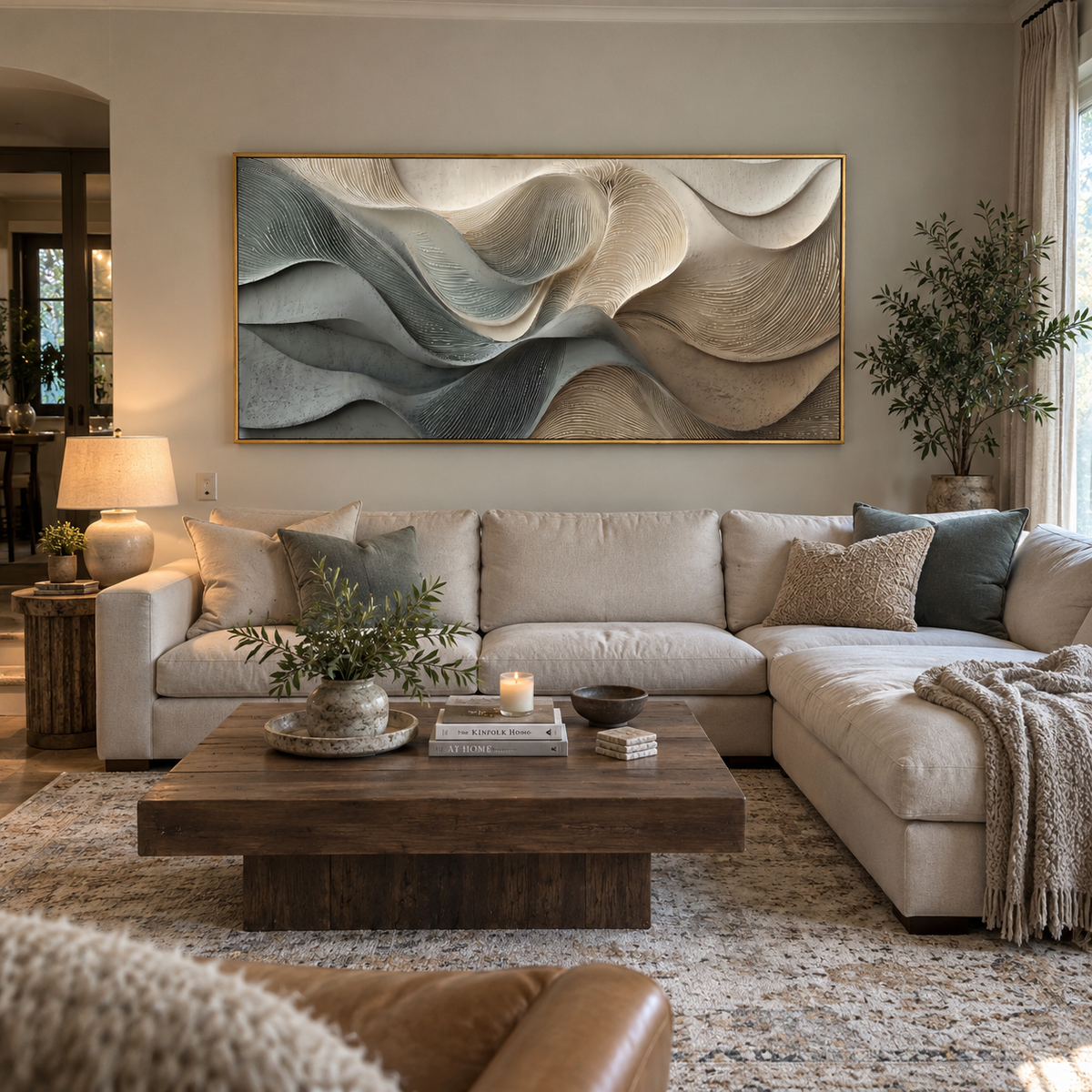 Ivory Soft Ridge Relief focuses on white, beige, grey raised plaster waves with folded contour bands, soft dune-like ridges, and quiet negative space across the panoramic composition, keeping the product description tied to the visible artwork rather than a generic texture category. The composition is built from layered ridges, carved plaster edges, curved bands, granular breaks, and raised channels that move across the canvas with a clear directional rhythm. Pale passages, darker accents, warm