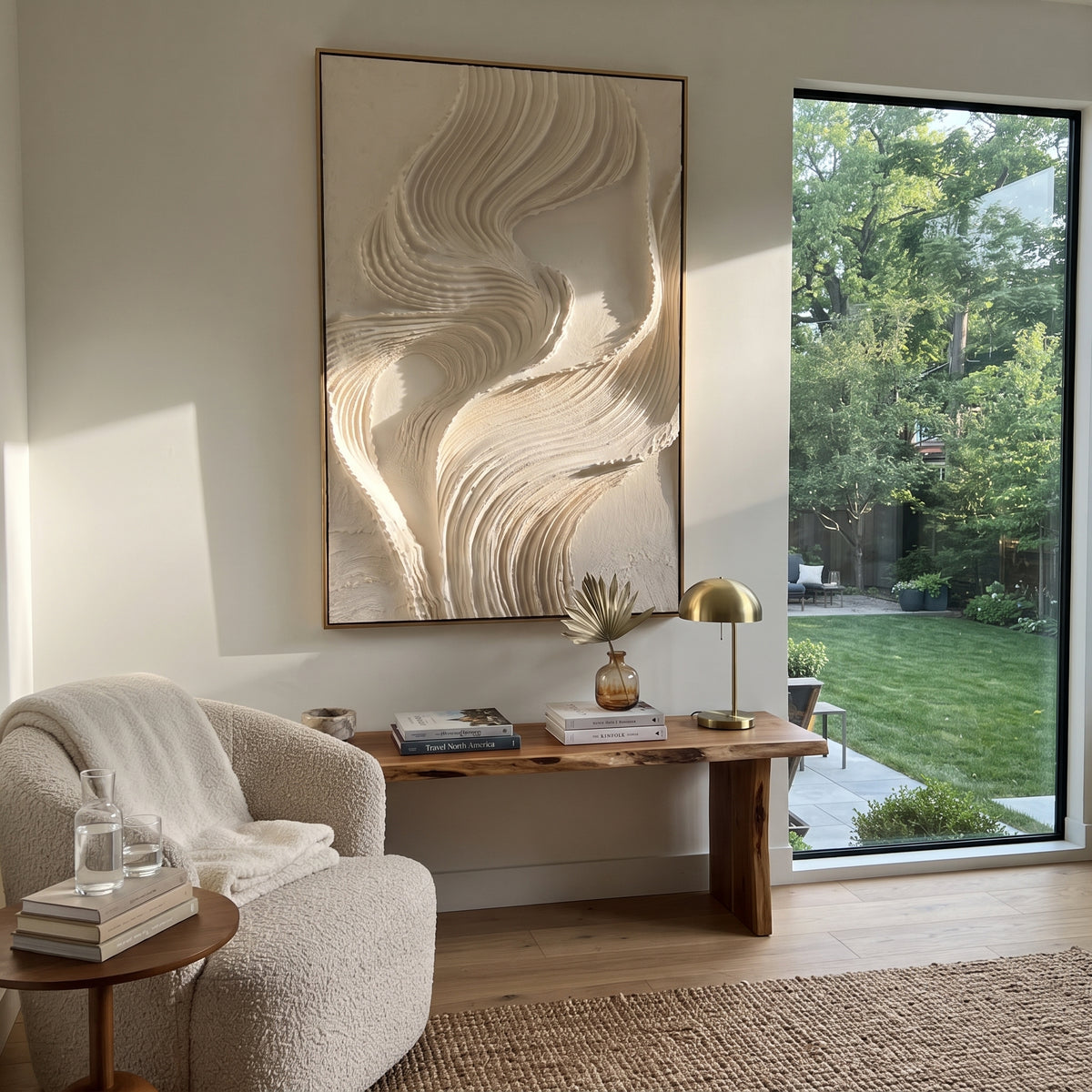 Shell Folded Shore Relief focuses on beige, white, grey raised plaster waves with folded contour bands, soft dune-like ridges, and quiet negative space across the vertical composition, keeping the product description tied to the visible artwork rather than a generic texture category. The composition is built from layered ridges, carved plaster edges, curved bands, granular breaks, and raised channels that move across the canvas with a clear directional rhythm. Pale passages, darker accents, warm