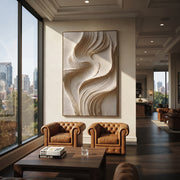 "Shell Folded Shore Relief" - Modern Heavy Impasto Topographic Abstract | Beige & White Palette Knife Painting | Luxury Vertical Wall Art #Q 141