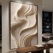 "Shell Folded Shore Relief" - Modern Heavy Impasto Topographic Abstract | Beige & White Palette Knife Painting | Luxury Vertical Wall Art #Q 141