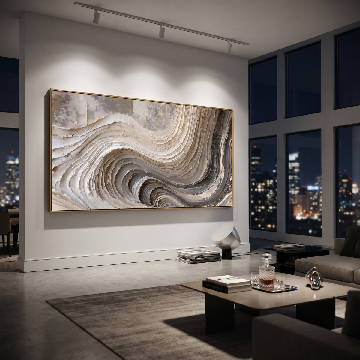 Gilded Silk Contour Relief focuses on white, beige, grey raised plaster waves with folded contour bands, soft dune-like ridges, and quiet negative space across the panoramic composition, keeping the product description tied to the visible artwork rather than a generic texture category. The composition is built from layered ridges, carved plaster edges, curved bands, granular breaks, and raised channels that move across the canvas with a clear directional rhythm. Pale passages, darker accents