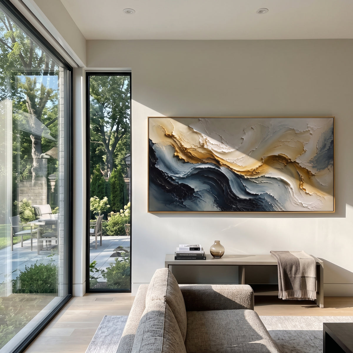 Ridge Cream Current Relief focuses on white, beige, grey raised plaster waves with folded contour bands, soft dune-like ridges, and quiet negative space across the panoramic composition, keeping the product description tied to the visible artwork rather than a generic texture category. The composition is built from layered ridges, carved plaster edges, curved bands, granular breaks, and raised channels that move across the canvas with a clear directional rhythm. Pale passages, darker accents