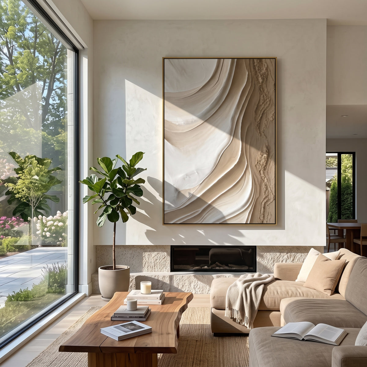 "Winding Ribbon Current Relief" - Modern Heavy Impasto Topographic Abstract | Beige & White Palette Knife Painting | Luxury Vertical Wall Art #Q 149