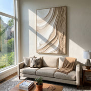 "Winding Ribbon Current Relief" - Modern Heavy Impasto Topographic Abstract | Beige & White Palette Knife Painting | Luxury Vertical Wall Art #Q 149