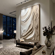 "Winding Ribbon Current Relief" - Modern Heavy Impasto Topographic Abstract | Beige & White Palette Knife Painting | Luxury Vertical Wall Art #Q 149