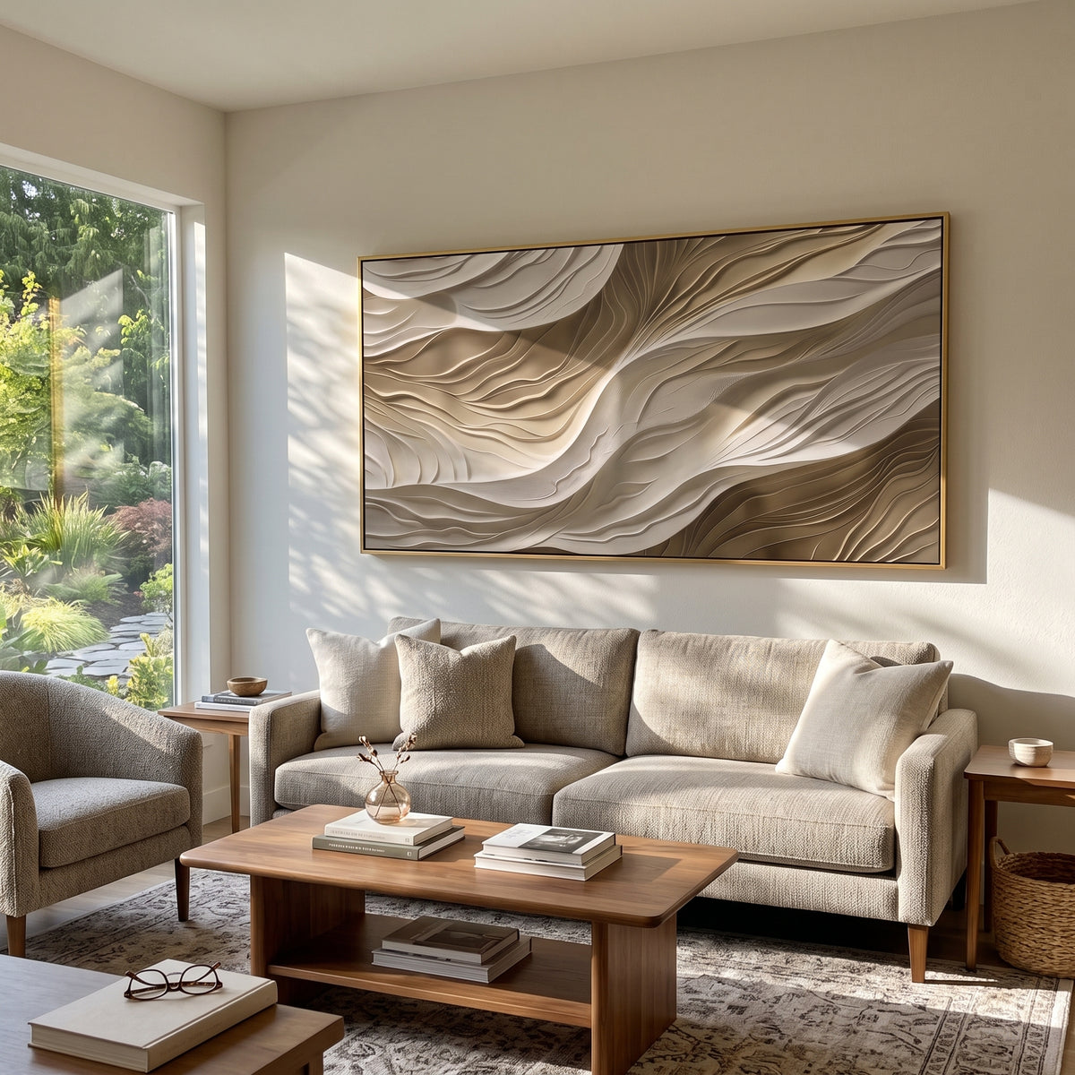 "Undulating Plaster Fold Relief" - Modern Heavy Impasto Topographic Abstract | White & Beige Palette Knife Painting | Luxury Horizontal Wall Art #Q 150