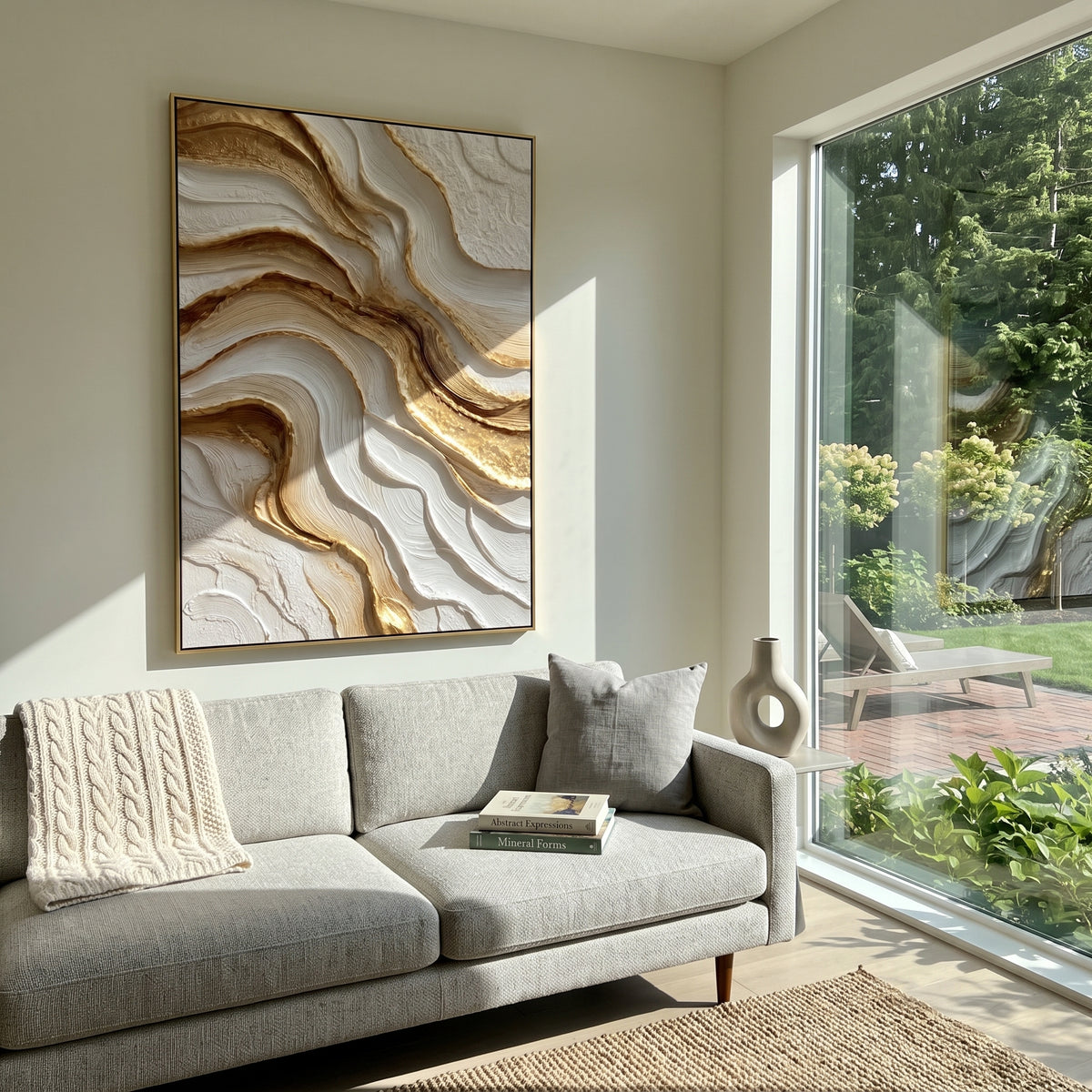Feathered Sand Ripple Relief focuses on white, beige, grey raised plaster waves with folded contour bands, soft dune-like ridges, and quiet negative space across the vertical composition, keeping the product description tied to the visible artwork rather than a generic texture category. The composition is built from layered ridges, carved plaster edges, curved bands, granular breaks, and raised channels that move across the canvas with a clear directional rhythm. Pale passages, darker accents
