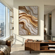 "Feathered Sand Ripple Relief" - Modern Heavy Impasto Topographic Abstract | White & Beige Palette Knife Painting | Luxury Vertical Wall Art #Q 151