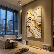 "Feathered Sand Ripple Relief" - Modern Heavy Impasto Topographic Abstract | White & Beige Palette Knife Painting | Luxury Vertical Wall Art #Q 151