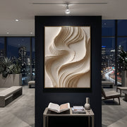 "Marbled Soft Ridge Relief" - Modern Heavy Impasto Landscape Artwork | Beige & White Palette Knife Painting | Luxury Vertical Wall Art #Q 152