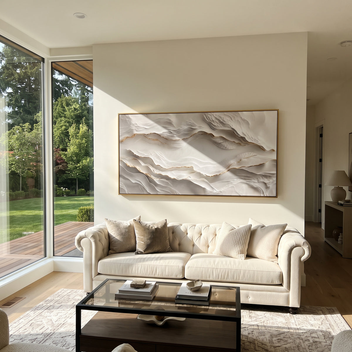 Horizon Folded Shore Relief focuses on white, beige, grey raised plaster waves with folded contour bands, soft dune-like ridges, and quiet negative space across the panoramic composition, keeping the product description tied to the visible artwork rather than a generic texture category. The composition is built from layered ridges, carved plaster edges, curved bands, granular breaks, and raised channels that move across the canvas with a clear directional rhythm. Pale passages, darker accents