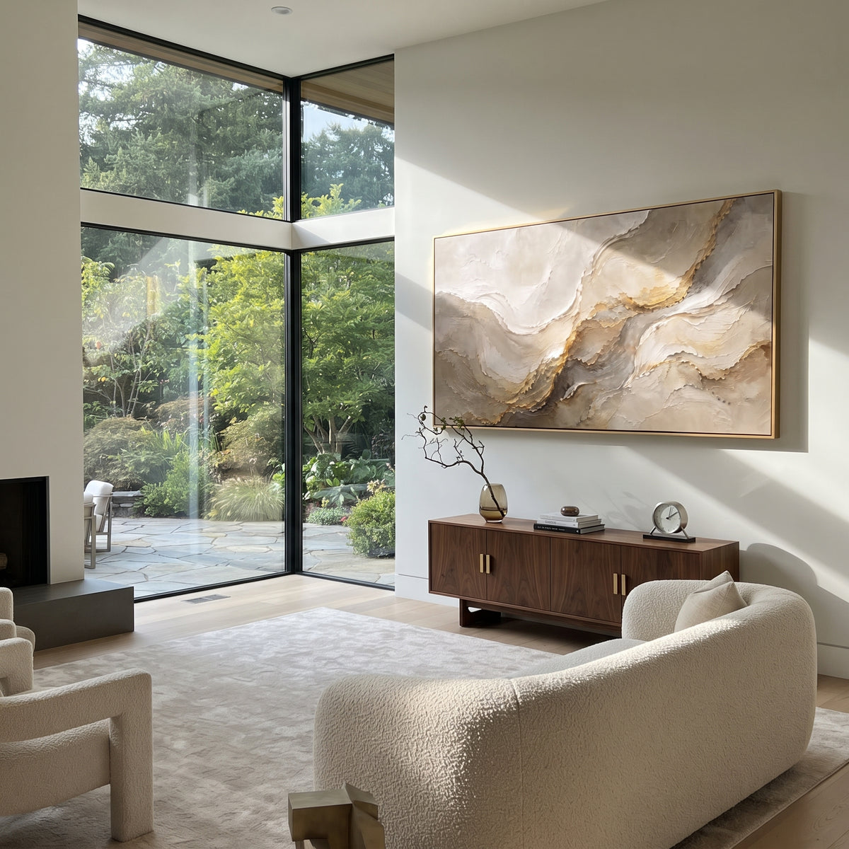 Granular Wind Line Relief focuses on white, beige, brown raised plaster waves with folded contour bands, soft dune-like ridges, and quiet negative space across the panoramic composition, keeping the product description tied to the visible artwork rather than a generic texture category. The composition is built from layered ridges, carved plaster edges, curved bands, granular breaks, and raised channels that move across the canvas with a clear directional rhythm. Pale passages, darker accents