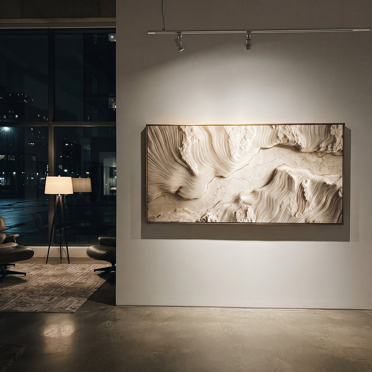 Shadowed Layered Wave Relief focuses on white, beige, grey raised plaster waves with folded contour bands, soft dune-like ridges, and quiet negative space across the panoramic composition, keeping the product description tied to the visible artwork rather than a generic texture category. The composition is built from layered ridges, carved plaster edges, curved bands, granular breaks, and raised channels that move across the canvas with a clear directional rhythm. Pale passages, darker accents