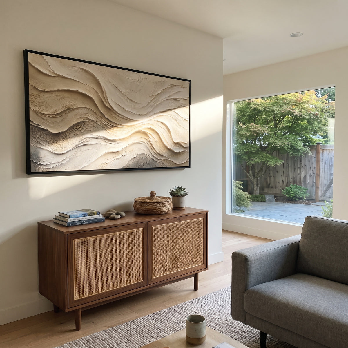 Flowing Cream Current Relief focuses on white, beige, brown raised plaster waves with folded contour bands, soft dune-like ridges, and quiet negative space across the panoramic composition, keeping the product description tied to the visible artwork rather than a generic texture category. The composition is built from layered ridges, carved plaster edges, curved bands, granular breaks, and raised channels that move across the canvas with a clear directional rhythm. Pale passages, darker accents