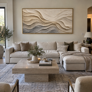 "Flowing Cream Current Relief" - Modern Heavy Impasto Topographic Abstract | White & Beige Palette Knife Painting | Luxury Horizontal Wall Art #Q 159