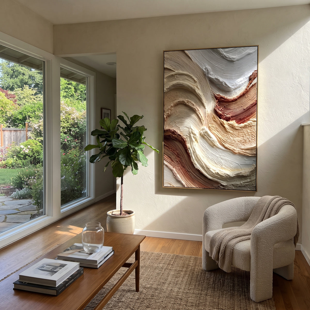 Sculpted Dune Wave Relief focuses on beige, white, grey raised plaster waves with folded contour bands, soft dune-like ridges, and quiet negative space across the vertical composition, keeping the product description tied to the visible artwork rather than a generic texture category. The composition is built from layered ridges, carved plaster edges, curved bands, granular breaks, and raised channels that move across the canvas with a clear directional rhythm. Pale passages, darker accents, warm