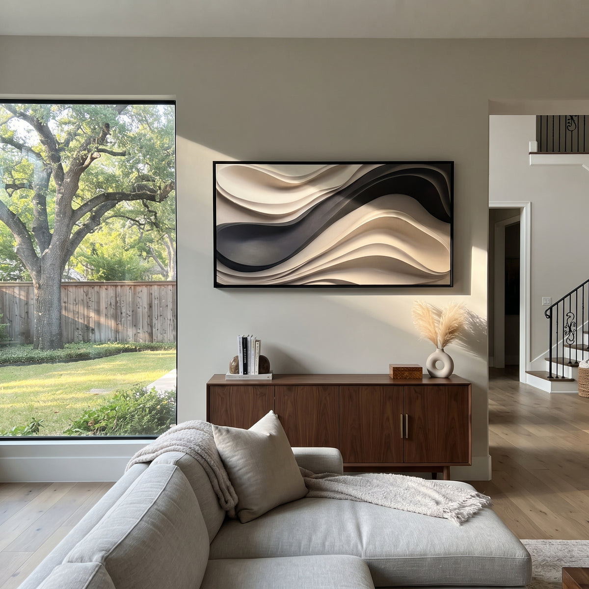 Brushed Color River Relief focuses on white, beige, grey multicolor mineral bands with raised impasto edges, broken pigment channels, and a river-like abstract fault line, keeping the product description tied to the visible artwork rather than a generic texture category. The composition is built from layered ridges, carved plaster edges, curved bands, granular breaks, and raised channels that move across the canvas with a clear directional rhythm. Pale passages, darker accents, warm neutral