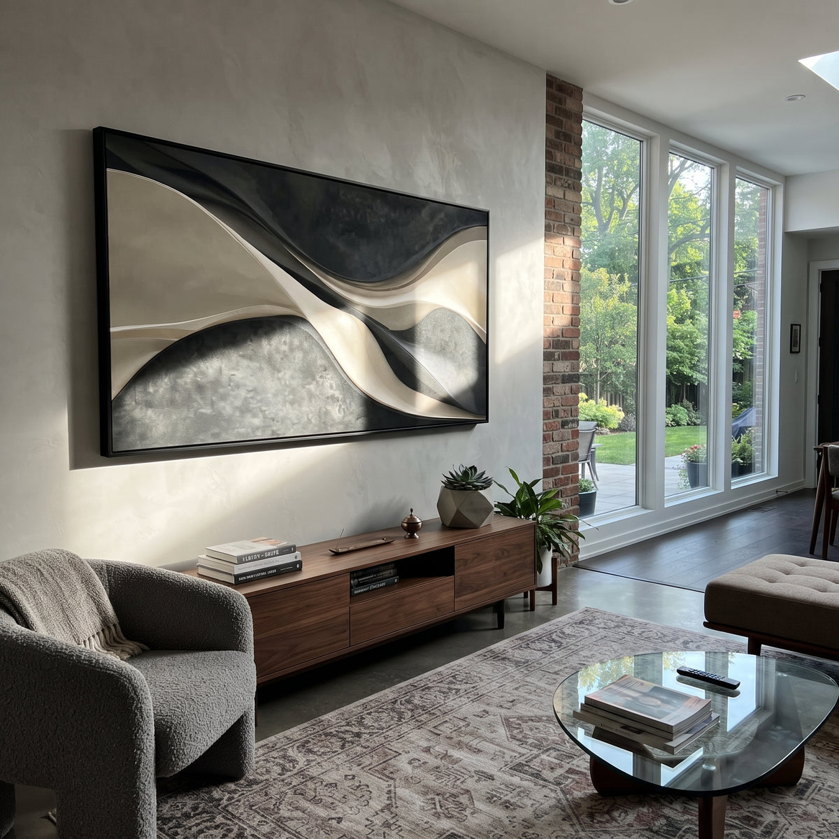 Earthtone Shadow Wave Relief focuses on white, beige, black high-contrast black and cream curved layers with sculpted shadows, smooth folds, and modern monochrome movement, keeping the product description tied to the visible artwork rather than a generic texture category. The composition is built from layered ridges, carved plaster edges, curved bands, granular breaks, and raised channels that move across the canvas with a clear directional rhythm. Pale passages, darker accents, warm neutral