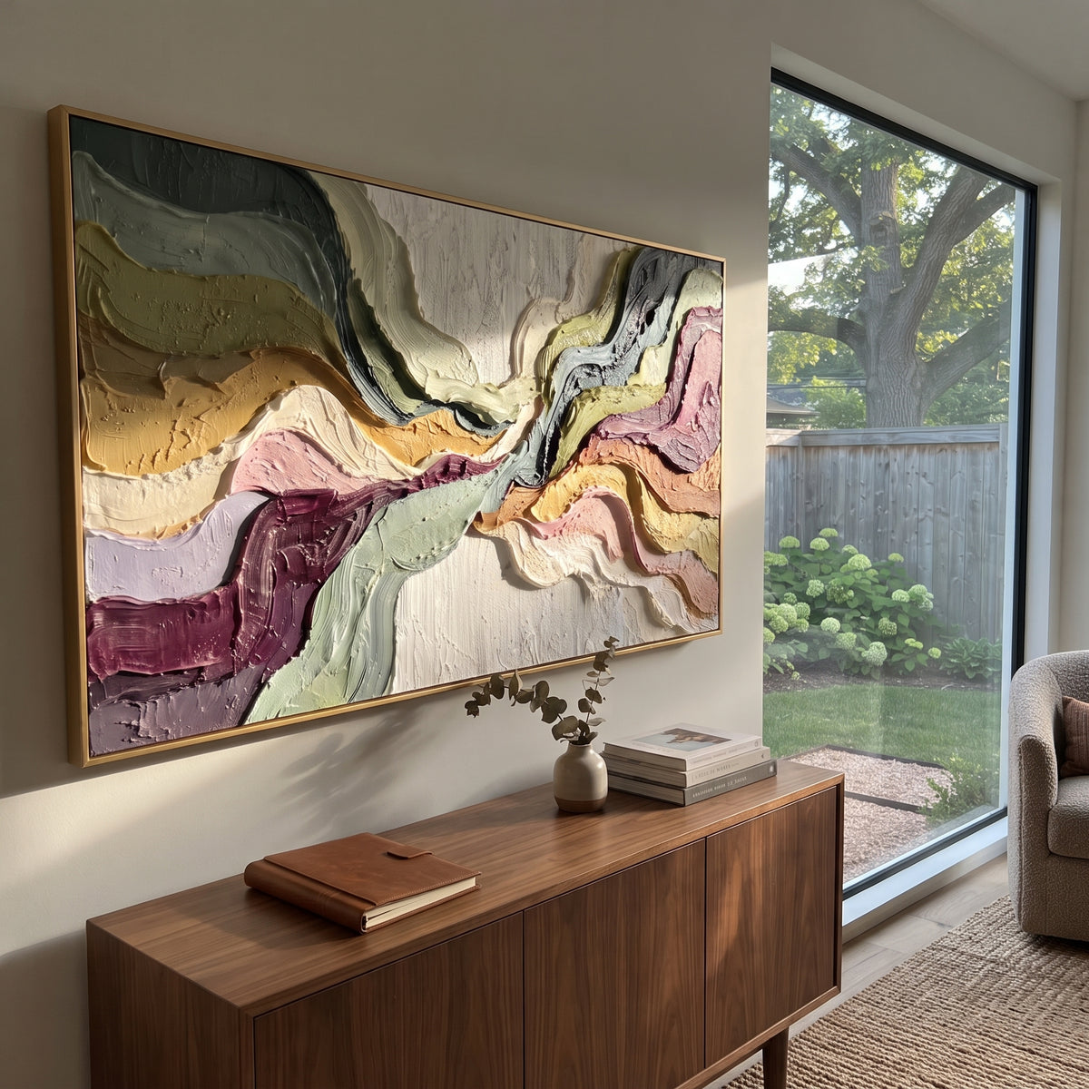 Dune Ochre Channel Relief focuses on white, beige, grey multicolor mineral bands with raised impasto edges, broken pigment channels, and a river-like abstract fault line, keeping the product description tied to the visible artwork rather than a generic texture category. The composition is built from layered ridges, carved plaster edges, curved bands, granular breaks, and raised channels that move across the canvas with a clear directional rhythm. Pale passages, darker accents, warm neutral