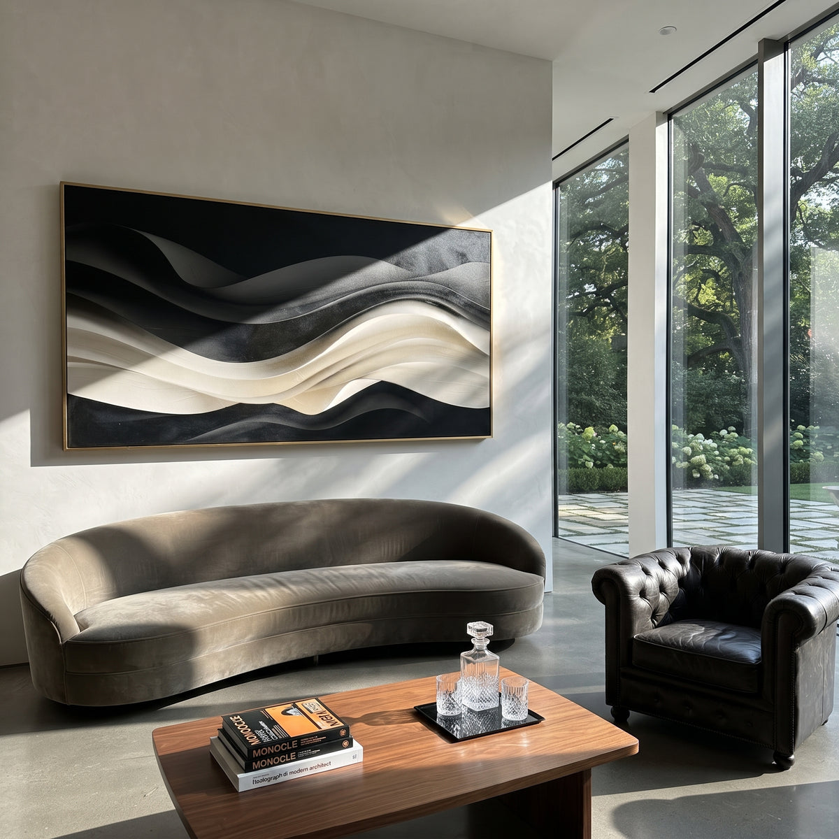 Carved Graphite Swell Relief focuses on white, beige, black high-contrast black and cream curved layers with sculpted shadows, smooth folds, and modern monochrome movement, keeping the product description tied to the visible artwork rather than a generic texture category. The composition is built from layered ridges, carved plaster edges, curved bands, granular breaks, and raised channels that move across the canvas with a clear directional rhythm. Pale passages, darker accents, warm neutral