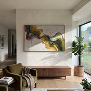 "Drifted Burgundy Rift Relief" - Modern Heavy Impasto Landscape Artwork | White & Beige Palette Knife Painting | Luxury Horizontal Wall Art #Q 166