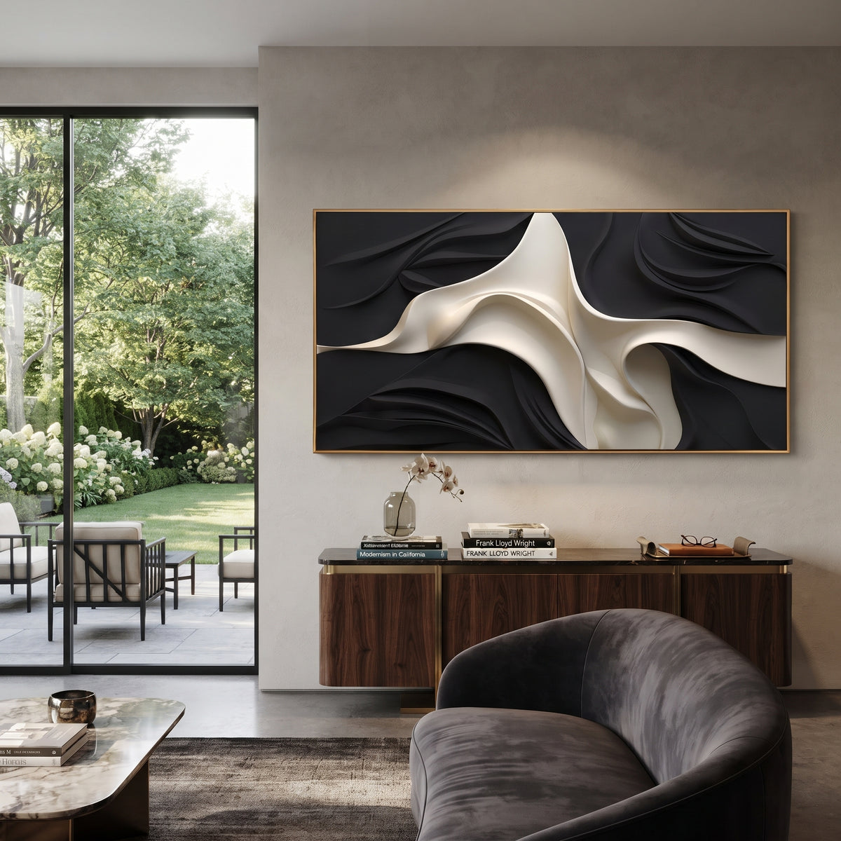 "Cascading Charcoal Ribbon Relief" - Modern Heavy Impasto Abstract Artwork | White & Beige Palette Knife Painting | Luxury Horizontal Wall Art #Q 167