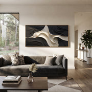 "Cascading Charcoal Ribbon Relief" - Modern Heavy Impasto Abstract Artwork | White & Beige Palette Knife Painting | Luxury Horizontal Wall Art #Q 167