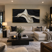 "Cascading Charcoal Ribbon Relief" - Modern Heavy Impasto Abstract Artwork | White & Beige Palette Knife Painting | Luxury Horizontal Wall Art #Q 167