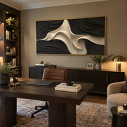 "Cascading Charcoal Ribbon Relief" - Modern Heavy Impasto Abstract Artwork | White & Beige Palette Knife Painting | Luxury Horizontal Wall Art #Q 167