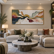 "Cracked Multicolor Ridge Relief" - Modern Heavy Impasto Landscape Artwork | White & Beige Palette Knife Painting | Luxury Horizontal Wall Art #Q 168